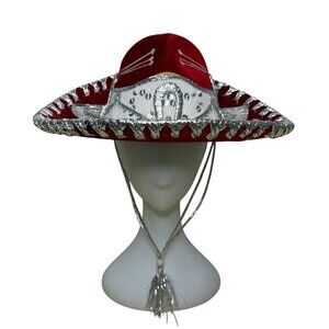 Pigalle Red & Silver Adult Mexican Sombrero Hat Velour Embroidered Traditional F